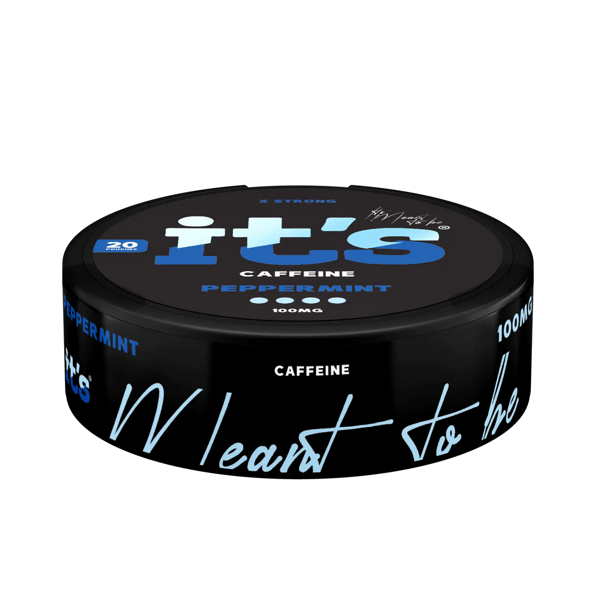 Side of the It’s Peppermint 100mg caffeine can, 20 nicotine-free caffeine pouches