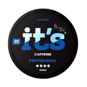 It’s Peppermint 100mg caffeine pouches UK, front of the can with the X Strong 100mg caffeine label
