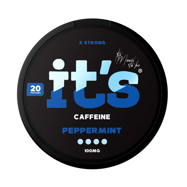 It’s Peppermint 100mg caffeine pouches UK, front of the can with the X Strong 100mg caffeine label