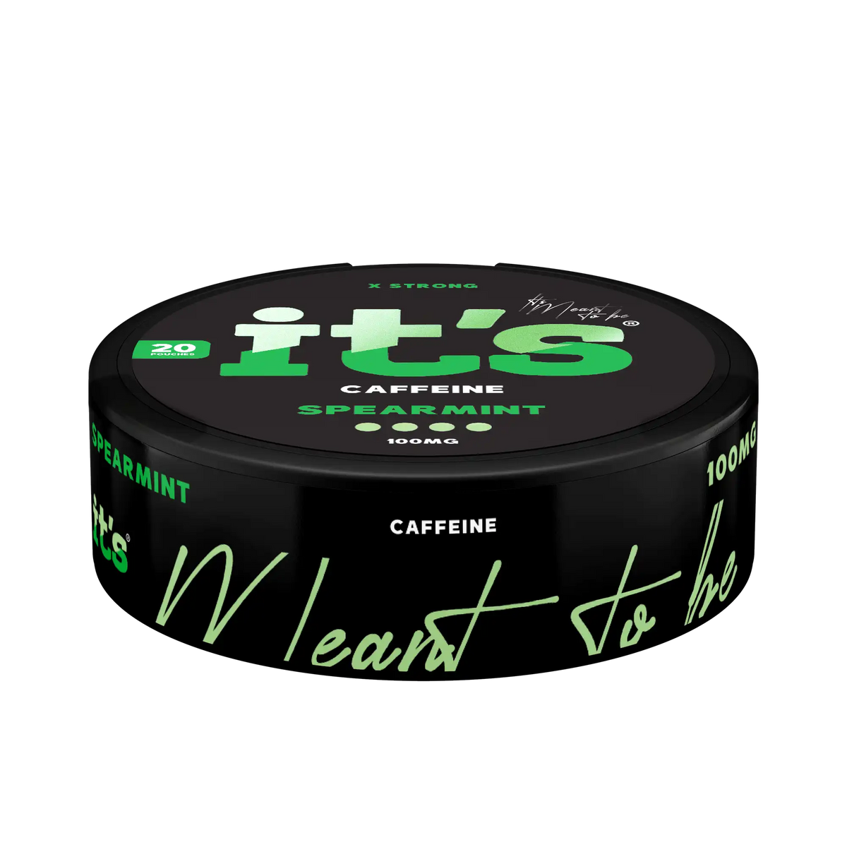 Side of the It’s Spearmint 100mg caffeine can, 20 nicotine-free caffeine pouches