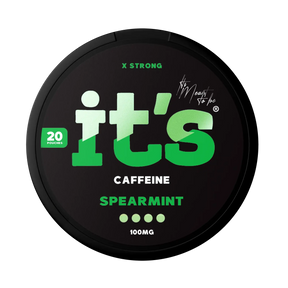 It’s Spearmint 100mg caffeine pouches UK, front of the can with the X Strong 100mg caffeine label