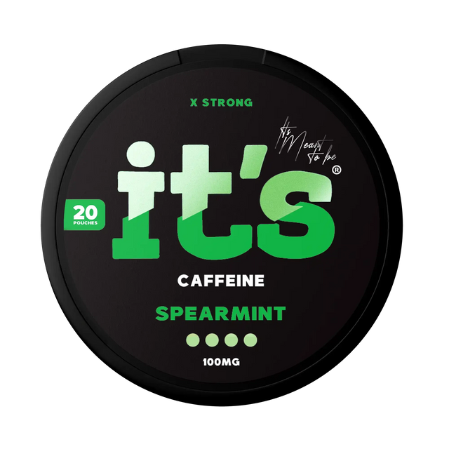 It’s Spearmint 100mg caffeine pouches UK, front of the can with the X Strong 100mg caffeine label