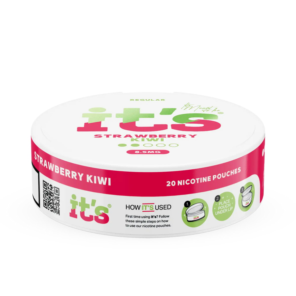 Side of the It’s Strawberry Kiwi 8.5mg can, 20 slim tobacco-free nicotine pouches