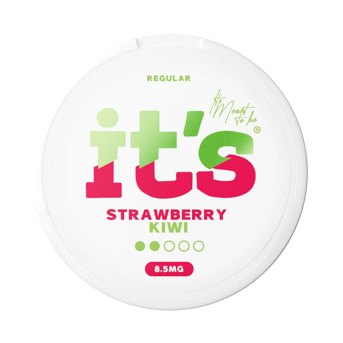 It’s Strawberry Kiwi 8.5mg nicotine pouches UK, front of the can with the Regular strength label