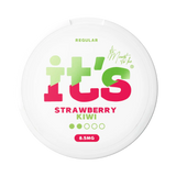 It’s Strawberry Kiwi 8.5mg nicotine pouches UK, front of the can with the Regular strength label