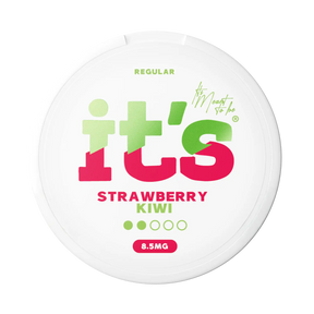 It’s Strawberry Kiwi 8.5mg nicotine pouches UK, front of the can with the Regular strength label