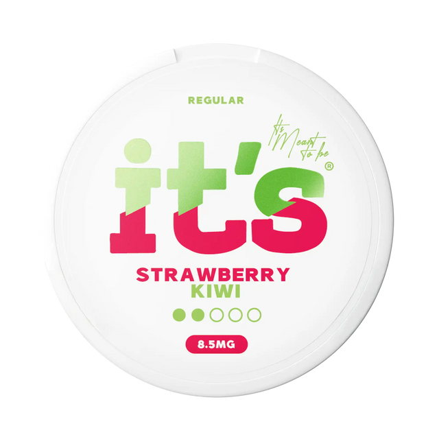 It’s Strawberry Kiwi 8.5mg nicotine pouches UK, front of the can with the Regular strength label