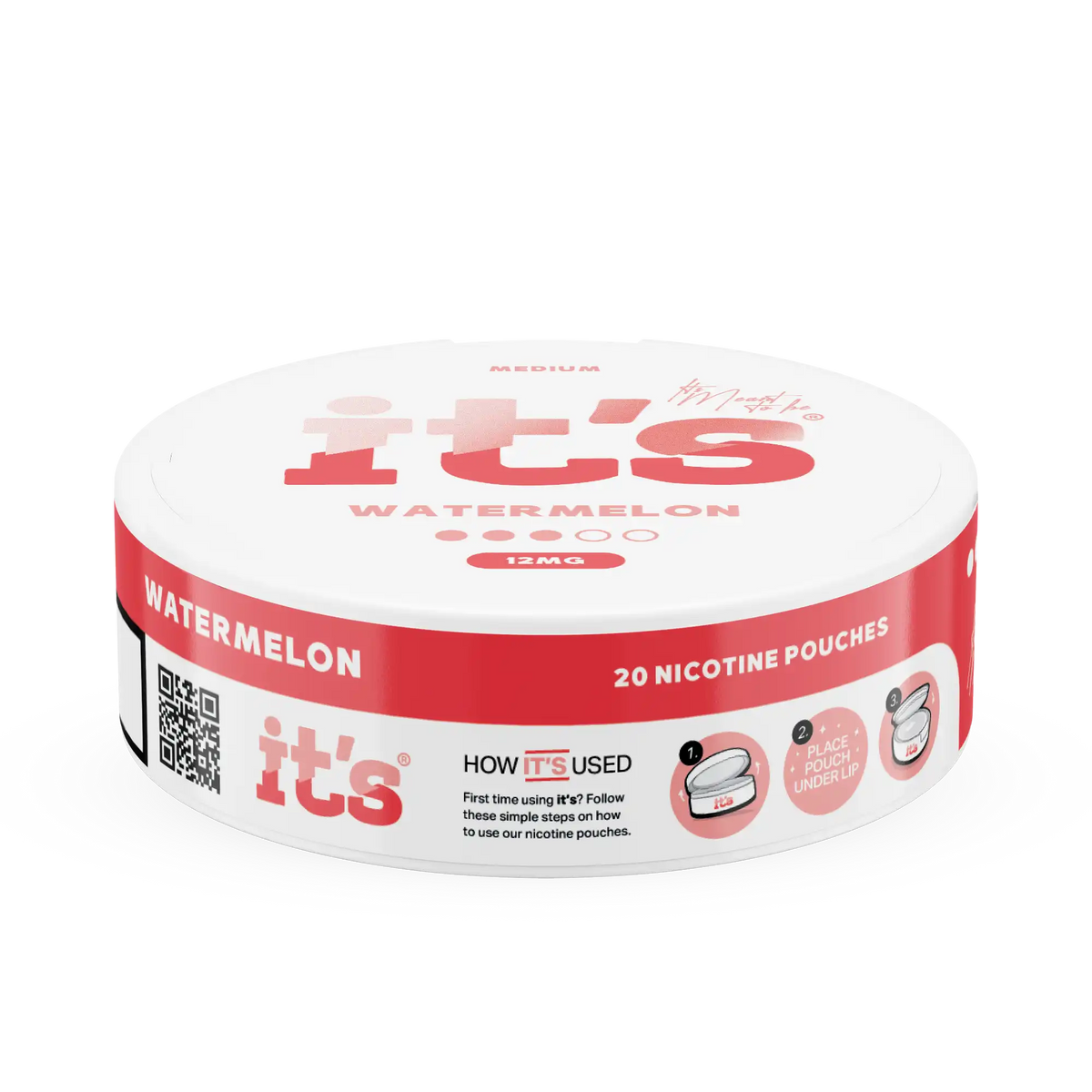 Side of the It’s Watermelon 12mg can, 20 slim tobacco-free nicotine pouches