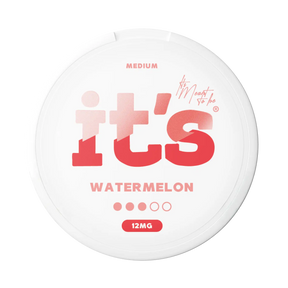 It’s Watermelon 12mg nicotine pouches UK, front of the can with the Medium strength label