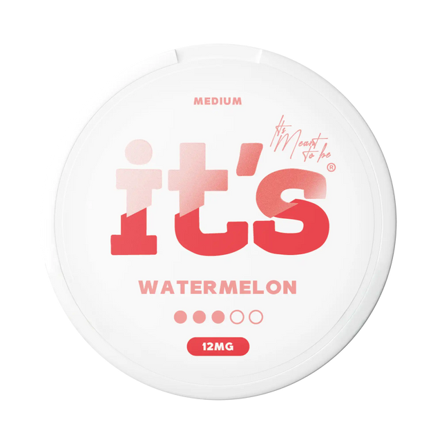 It’s Watermelon 12mg nicotine pouches UK, front of the can with the Medium strength label