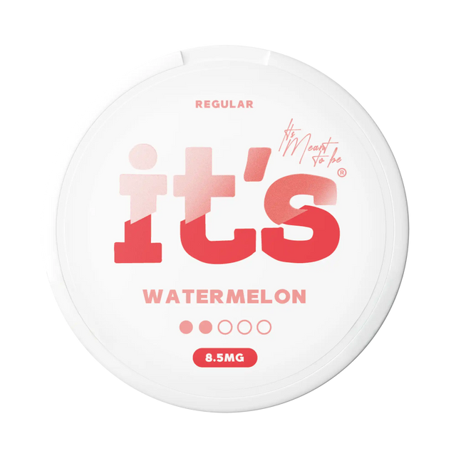 It’s Watermelon 8.5mg nicotine pouches UK, front of the can with the Regular strength label