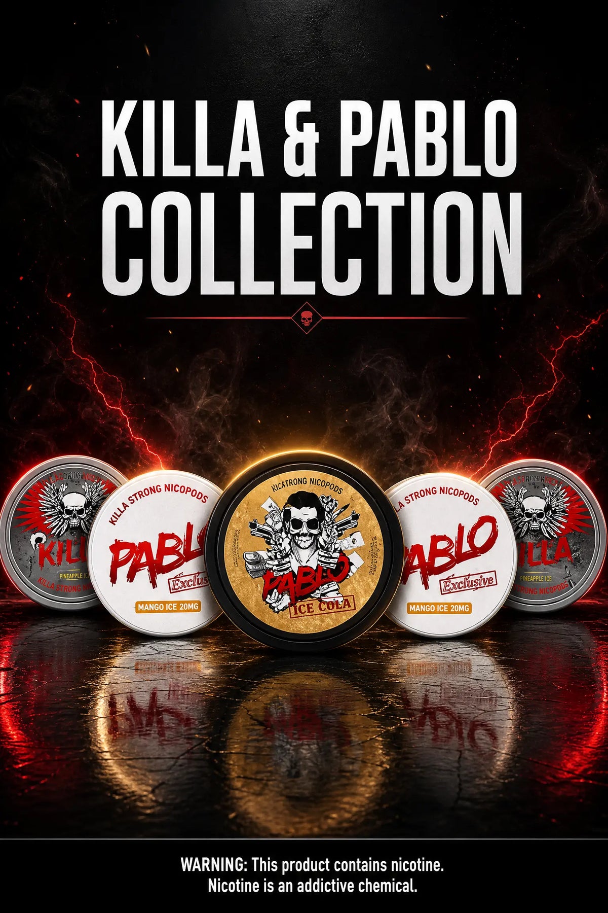 KILLA and Pablo nicotine pouch collection featuring Mango Ice, Ice Cola and Pineapple Ice