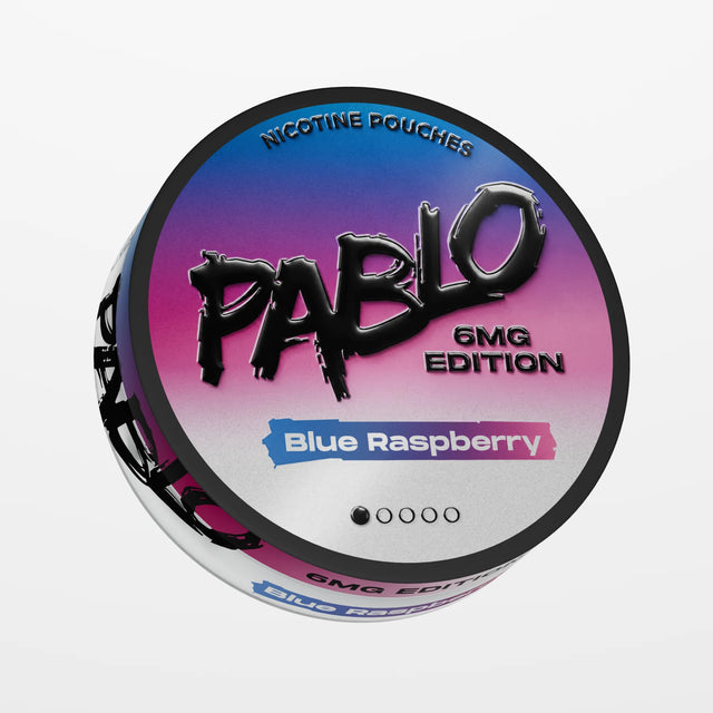PABLO 6mg Edition Blue Raspberry 6mg nicotine pouches UK, front view of the can