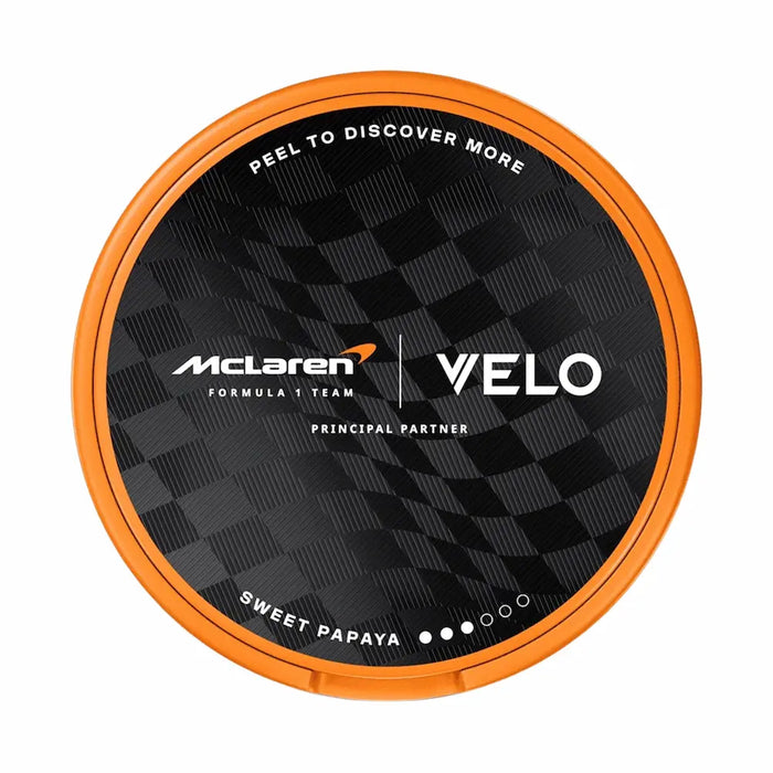 VELO McLaren Spicy Papaya 8mg nicotine pouch can with tropical papaya flavour and slim format