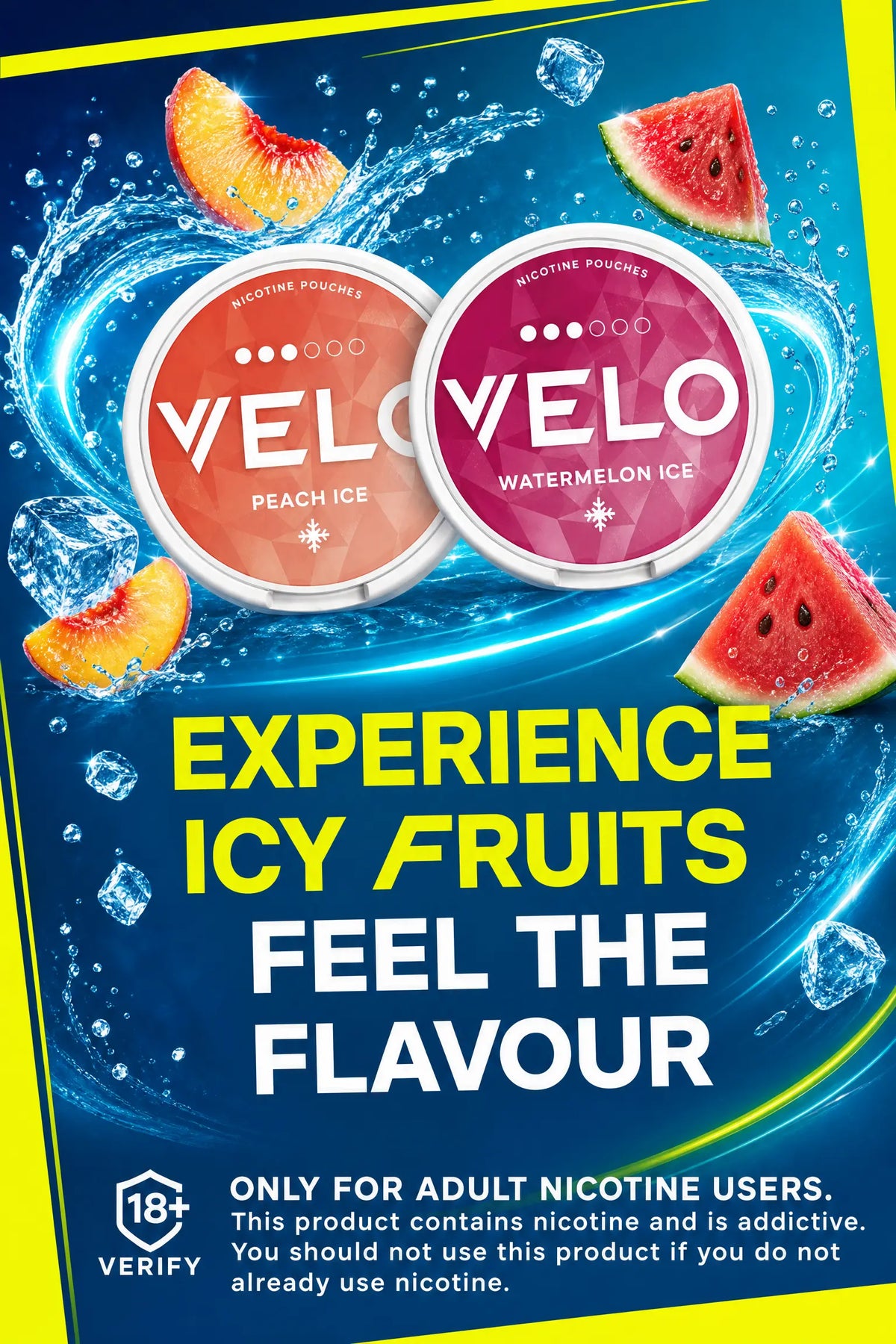VELO Peach Ice and Watermelon Ice nicotine pouches with peach and watermelon